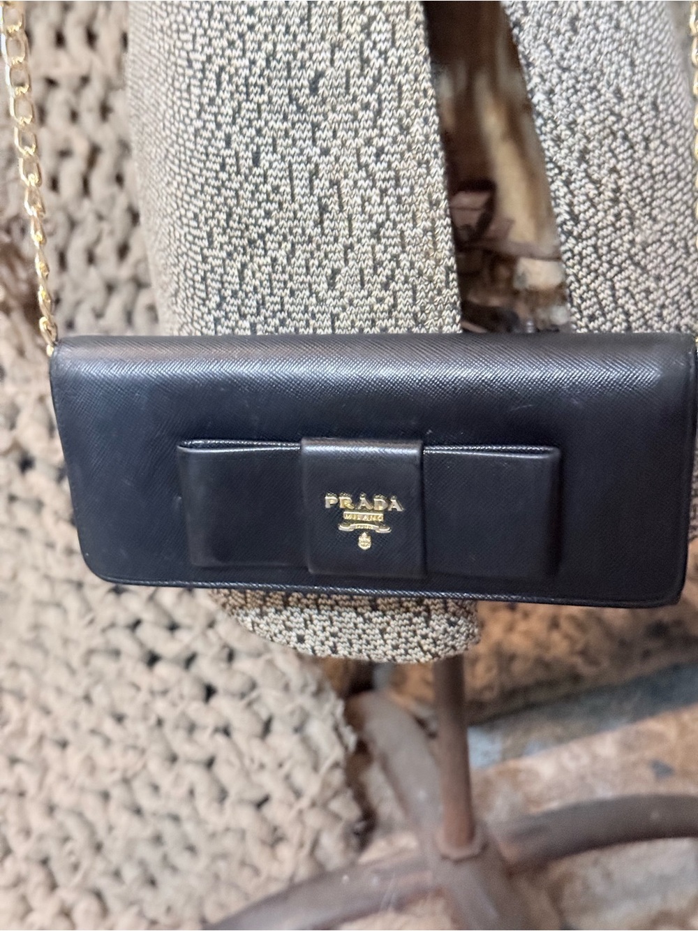 Authentic Prada Black Saffiano Leather Bow Chain Clutch